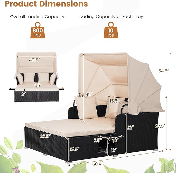 RELAX4LIFE Patio Outdoor Daybed with Canopy, Wicker Sunbed w/Cushions, 4 Pillows & 2 Retractable Side Trays - Photo 3