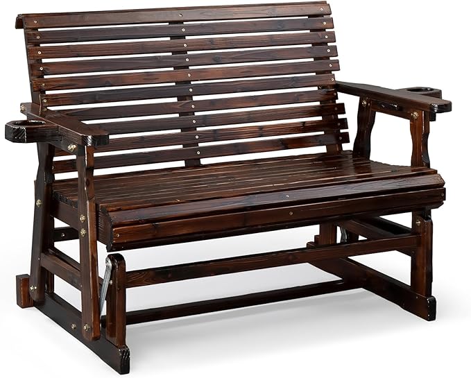 VINGLI Wooden Patio Glider, Heavy Duty 800 LBS Outdoor Glider with Cup Holders - Photo 1
