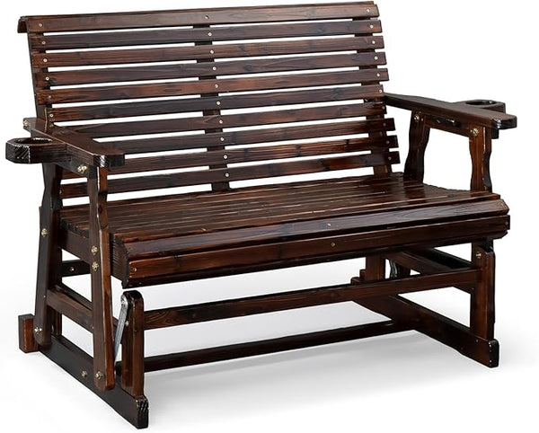 VINGLI Outdoor Glider Wood Patio Chair with Cup Holders, Outdoor Bench Glider Loveseat with Smooth Rocking Mechanism - Photo 1