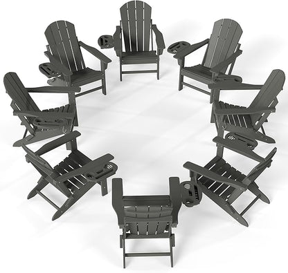 FOOWIN Folding Adirondack Chair Set of 8, HDPE Adirondack Chairs with Cup Holder, Weather Resistant Plastic Fire Pit Chairs for Outdoor, Patio, Lawn, Garden, Backyard, Deck, Grey