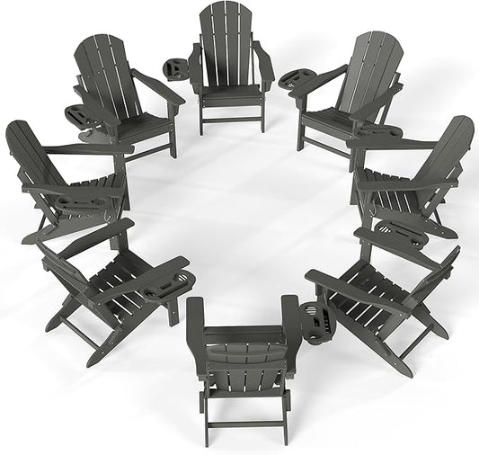 FOOWIN Folding Adirondack Chair Set of 8, HDPE Adirondack Chairs with Cup Holder, Weather Resistant Plastic Fire Pit Chairs for Outdoor, Patio, Lawn, Garden, Backyard, Deck, Grey