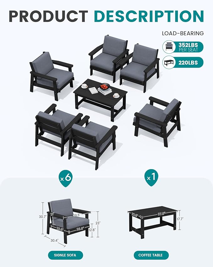 SERWALL HDPE Outdoor Furniture Set, 7 Piece All Weather Wood-Like Outdoor Sofa Sectional Couch - Photo 2