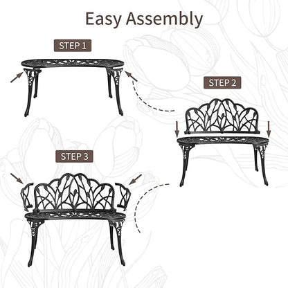 HOMEFUN Outdoor Bench, Patio Garden Benches Metal Loveseat Cast-Aluminum Outside Furniture for Park Lawn Front Porch Black