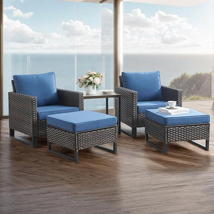 Rilyson Wicker Outdoor Patio Furniture Set - 5 Piece Patio Conversation Set with 2 Wicker Armrest Chairs,2 Rattan Ottoman and 1 Metal Side Table for Outside Porch Deck Backyard Garden(Brown/Blue)