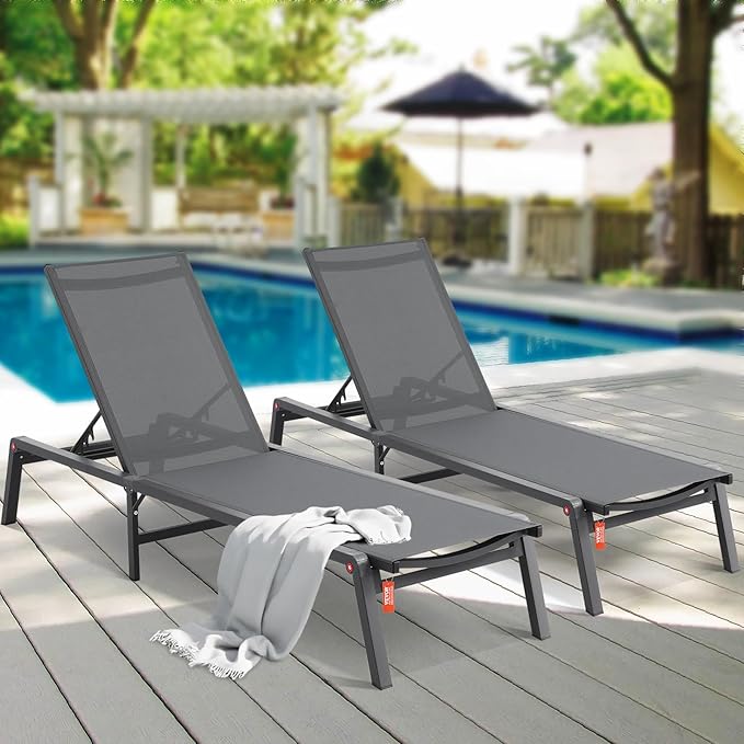 VEVOR 2 Pcs Chaise Lounge Chairs Outdoor, Aluminum Patio Lounge Chair with Adjustable 5-Position - Photo 2
