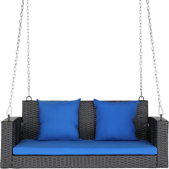 4FT Wicker Porch Swing for 2 Person, 800lb Capacity Outdoor Hanging Bench with Removable Cushions - Photo 1