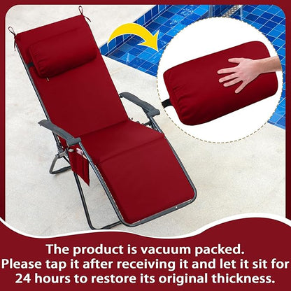 RattanView 2 Pcs Outdoor Chaise Lounge Cushion with Pillow and Side Pockets Waterproof Lounge Chair Cushions for Outdoor Furniture Patio Lounger Pad for Outside Pool Lawn (Brick Red,72 x 21 x 4)