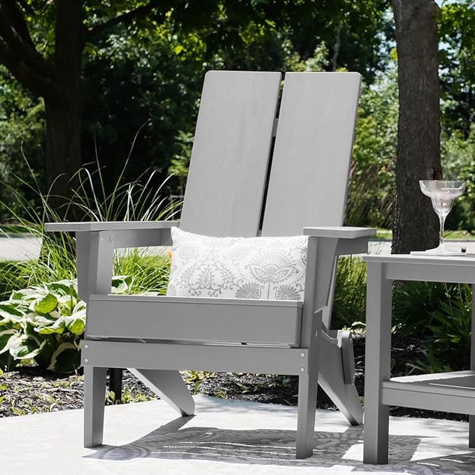 Modern Folding Adirondack Chair, All-Weather HIPS Plastic Outdoor Lounge with Cup Holder, Stackable Resin Patio Chair for Fire Pit, Garden, Deck & Backyard Seating (Gray)