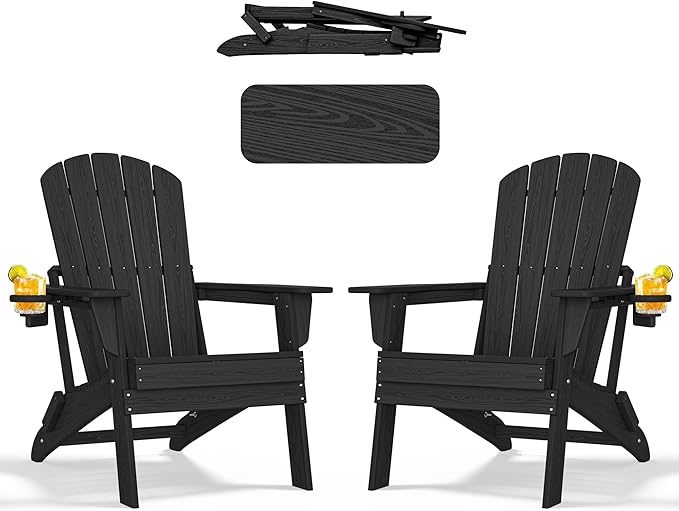 nevilywood HDPE Folding Adirondack Chair Set of 2,Waterproof All-Weather Outdoor Design with Cup Holder,Suitable for Patio for Fire Pit, Patio & Beach, Black