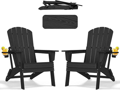 nevilywood HDPE Folding Adirondack Chair Set of 2,Waterproof All-Weather Outdoor Design with Cup Holder,Suitable for Patio for Fire Pit, Patio & Beach, Black