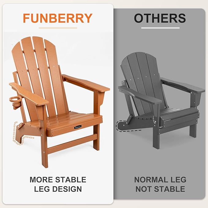 FUNBERRY Folding Adirondack Chair, HDPE Stable Gun-Leg Design Fire Pit Chairs with Cupholder All Weather for Outside