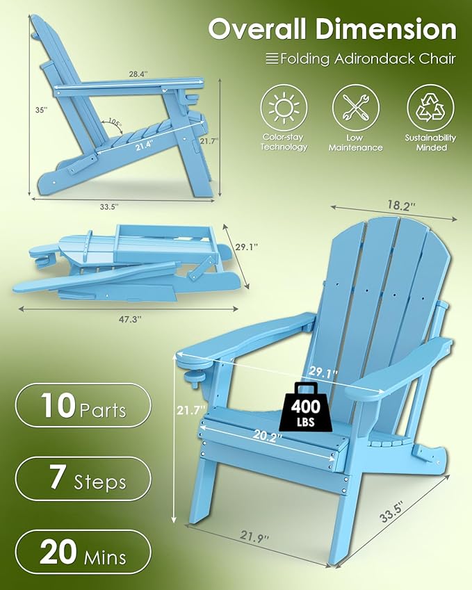 GREENVINES Folding-Adirondack-Chairs-Set-of-2 | HDPE Plastic | Fire Pit Chair | All Weather | Cup Holder | Arctic | for Deck Backyard Patio Outdoor Garden