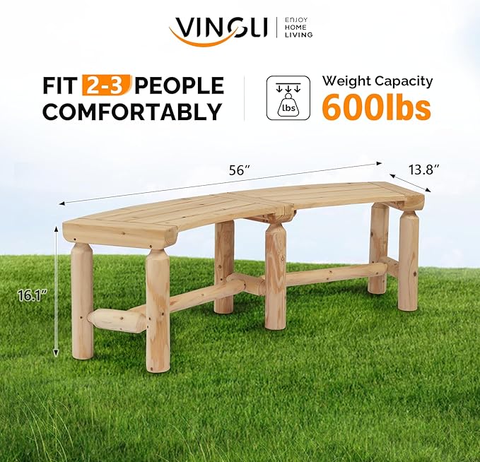 VINGLI Outdoor Bench Wooden Curved Bench, All-Weather Fire Pit Backless Patio Bench, 2-Person Seating Rustic Garden Bench for Backyard Porch Deck Entryway (Natural)