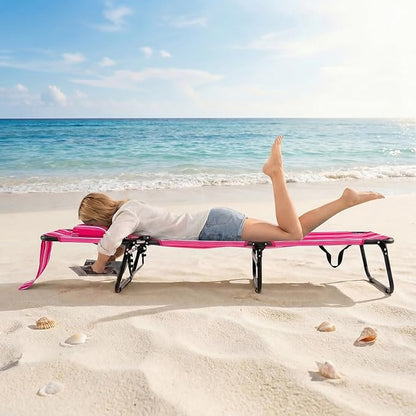 GYMAX Tanning Chair, Folding Lounge Chairs with Face Hole & Cover, Removable Pillow Carry Handle, Portable Compact Outdoor Layout Recliner for Beach, Poolside, Lawn, Patio, Camping (Pink Stripe,2)