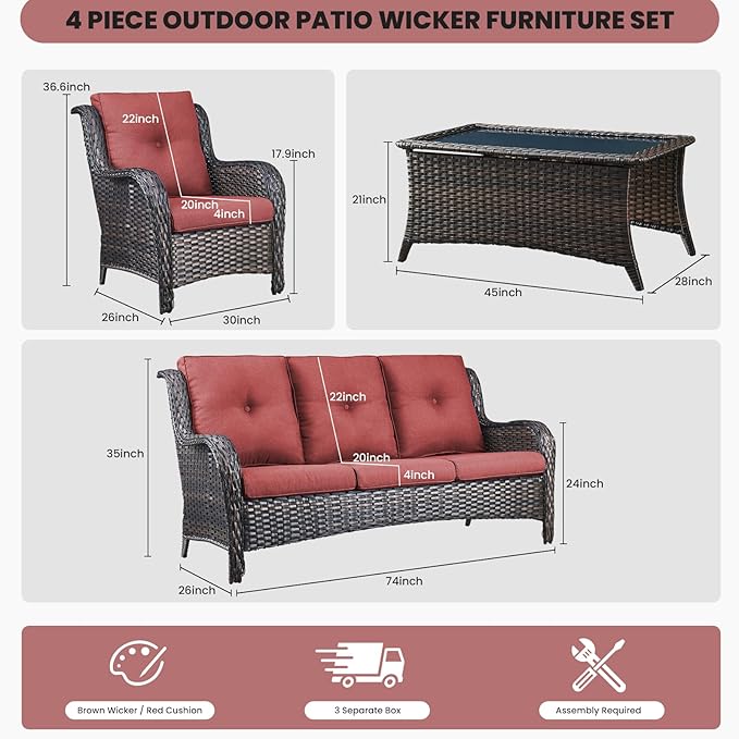 Belord Patio Wicker Furniture 4 Pieces Outdoor Furniture Set Patio Sofa Set with Wicker Chairs and Coffee Table - Photo 2
