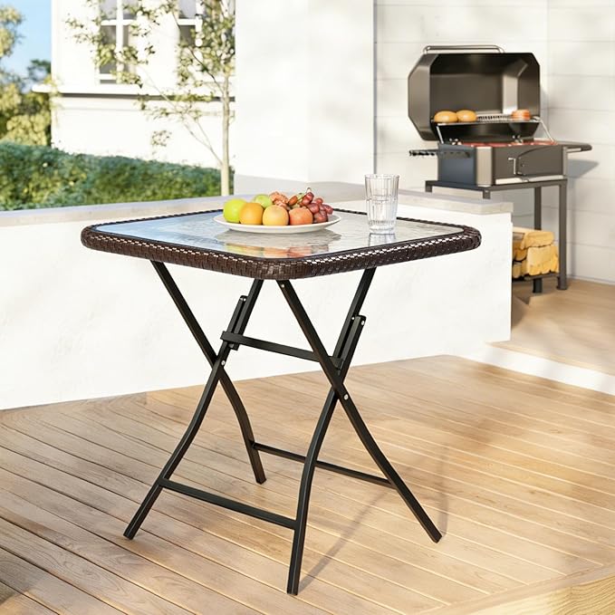 VINGLI 23.6in Modern Brown Rattan Folding Glass Outdoor Side Table, Small Patio Table with Tempered Glass Top,Rectangular,1 Pack