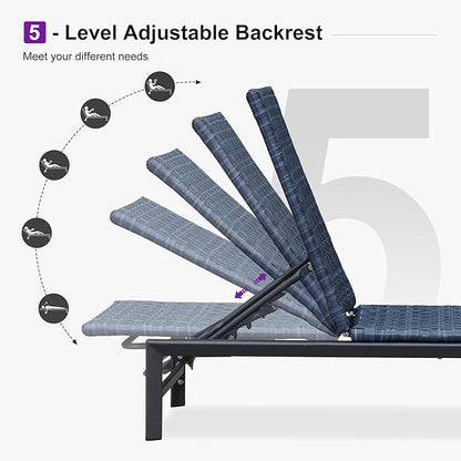 PURPLE LEAF Patio Oversized Chaise Lounge Rattan Chair Set of 2 Outdoor Pool Adjustable Recliner Wicker Chairs for Outside Woven Furniture Tanning Poolside Lounger Navy Blue