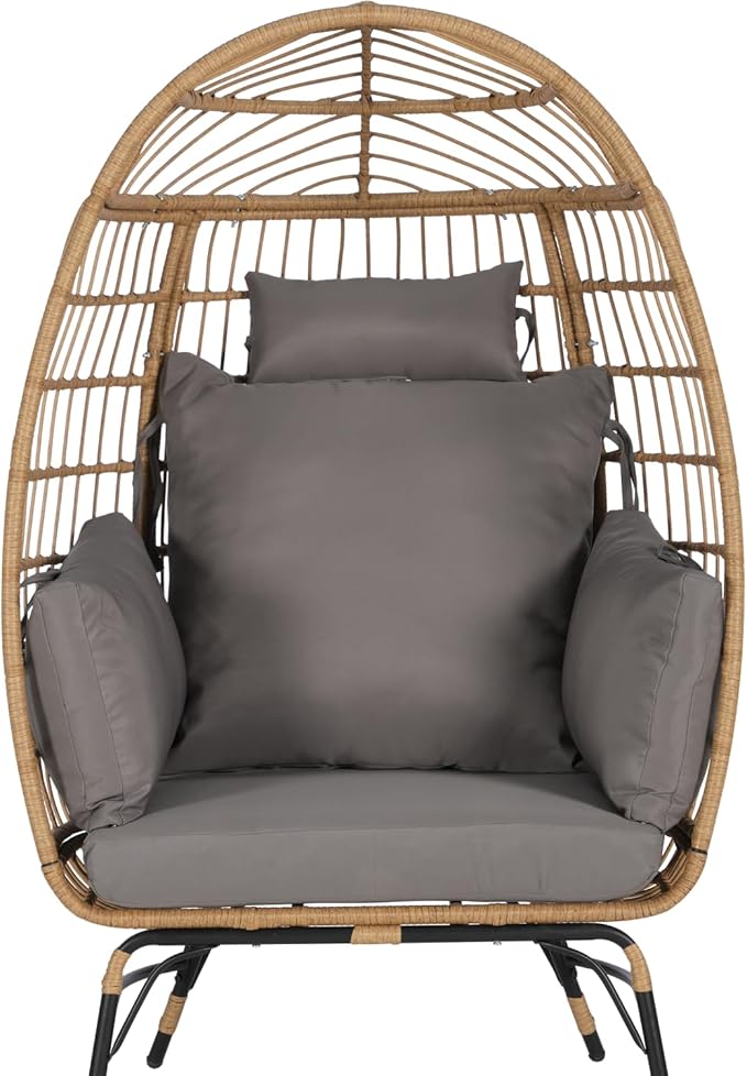 Oversized Wicker Egg Chair with Ottoman, Rattan Patio Egg Chair with Stand and Thick Cushions, Indoor Outdoor Lounge Chair for Backyard, Balcony, Living Room, Dark Gray＋Ottoman