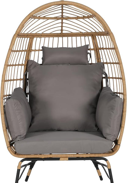 Oversized Wicker Egg Chair with Ottoman, Rattan Patio Egg Chair with Stand and Thick Cushions, Indoor Outdoor Lounge Chair for Backyard, Balcony, Living Room, Dark Gray＋Ottoman