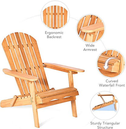 HAPPYGRILL Eucalyptus Wood Adirondack Chair Outdoor Folding Lounger Chair for Porch Deck Patio Poolside and Backyard