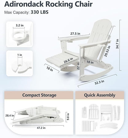 PASAMIC Adirondack Rocking Chairs Set of 2, Foldable All-Weather HDPE Patio Rockers with Retractable Ottoman & Cup Holder, Outdoor Chairs for Porch Backyard Pool Garden Balcony, White