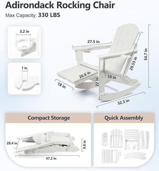 PASAMIC Adirondack Rocking Chairs Set of 2, Foldable All-Weather HDPE Patio Rockers with Retractable Ottoman & Cup Holder, Outdoor Chairs for Porch Backyard Pool Garden Balcony, White