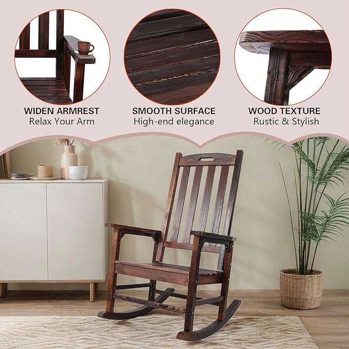 Wooden Rocking Chair Outdoor, Ergonomic High Back Patio Rocking Chairs, Porch Rocker for Backyard/Lawn/Patio/Garden/Balcony/FirePit/Indoor (Brown-1)