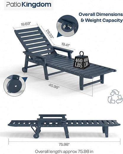 Adjustable Lounge Chair Outdoor Set of 2, HDPE Outdoor Chaise Lounge with Cup Holder & Wheels, Pool Lounge Chairs for Poolside, Backyard Pool, Patio, Beach, Deck, (Navy Blue)