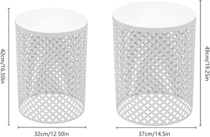 2PCS Outdoor Side Table, Heavy Duty Metal Frame Side Table Decorative Garden Stool Modern End Table Round Coffee Table for Patio Gardens Balconies Cafes (White)