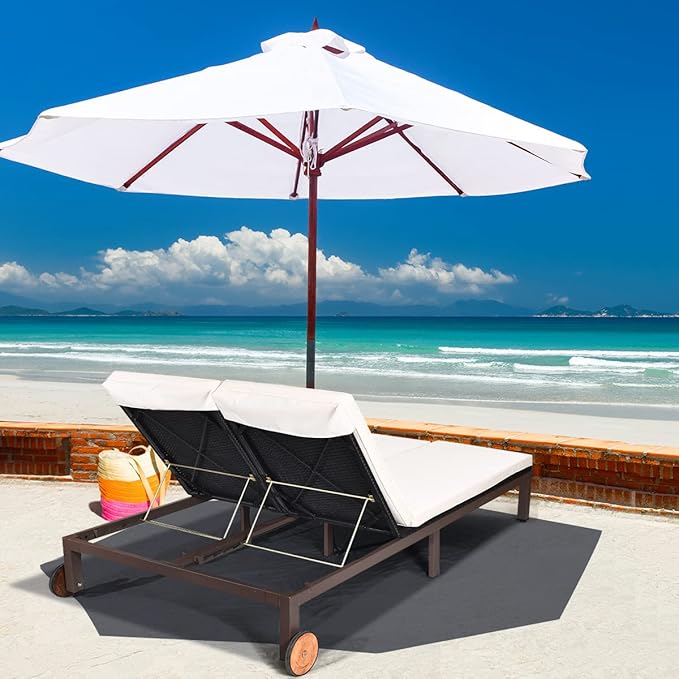 COSTWAY 2-Person Patio Rattan Lounge Chair Chaise Recliner Adjustable Cushion