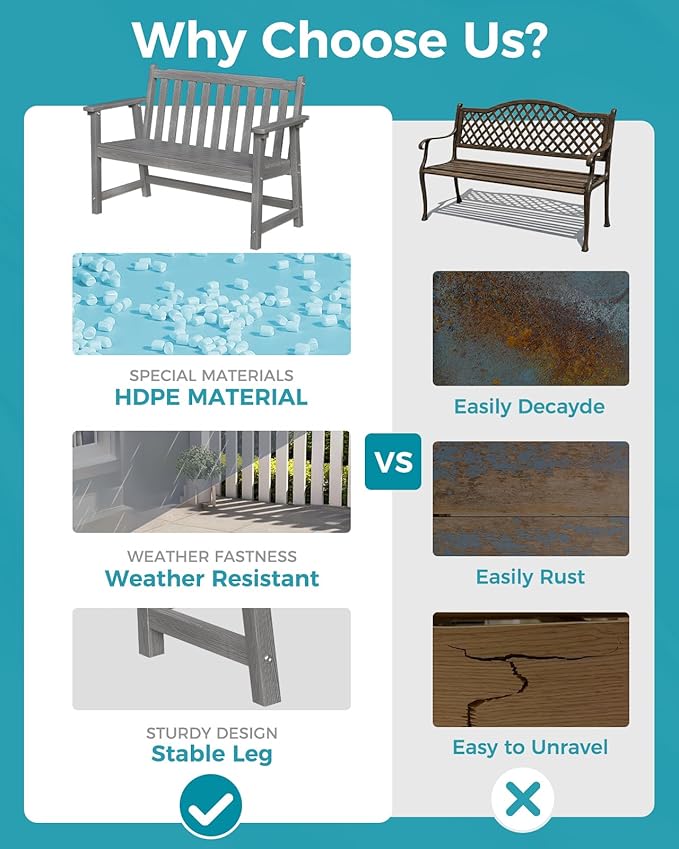 Outdoor Bench, 2-Person HDPE Garden Bench, All Weather Poly Patio Bench for Outdoors, Garden, Backyard, Porch and Park, 550 lbs Weight Capacity, Grey, 2 Pack
