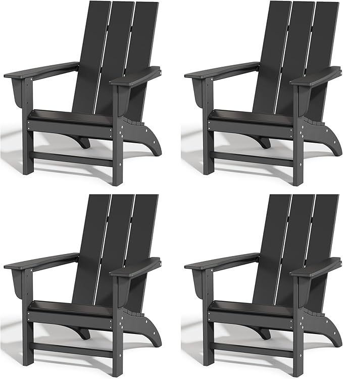 Poly Lumber Adirondack Chairs Set of 4, All-Weather Resistant Outdoor Patio Chairs, Look Like Wood, Pre-Assembled Outdoor Fire Pit Chair for Pool, Deck, Backyard, Garden, Black