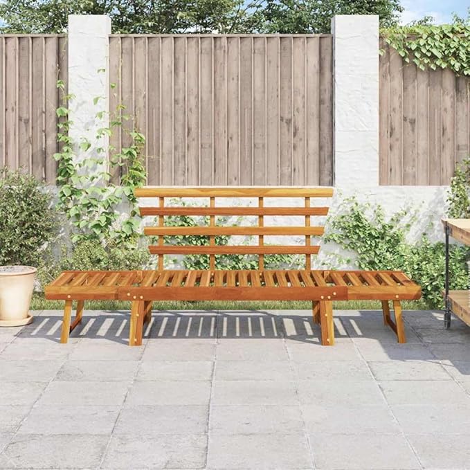 Brown Solid Acacia Wood Large Garden Bench 2-in-1 Convertible Daybed for Patio Balcony Outdoor Seating with Adjustable Armrests Durable Weather-Resistant Comfortable Lounge