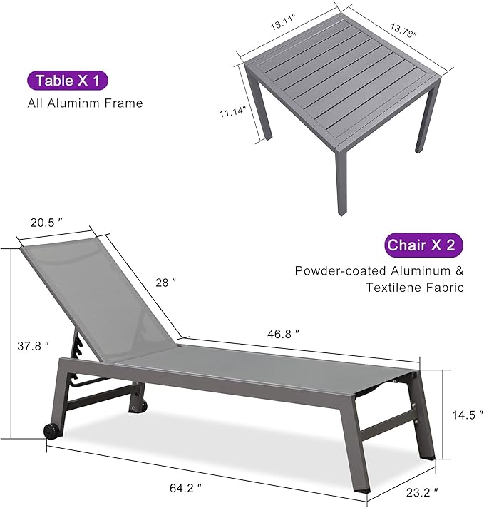 PURPLE LEAF Outdoor Lounge Chair Set for 2 Aluminum Patio Chaise Lounger with Wheels and Adjustable Backrest Pool - Photo 3