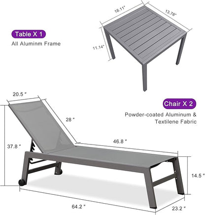 PURPLE LEAF Outdoor Lounge Chair Set for 2 Aluminum Patio Chaise Lounger with Wheels and Adjustable Backrest Pool Reclining Lounge Chairs for Beach Yard Poolside Table Included, Light Grey