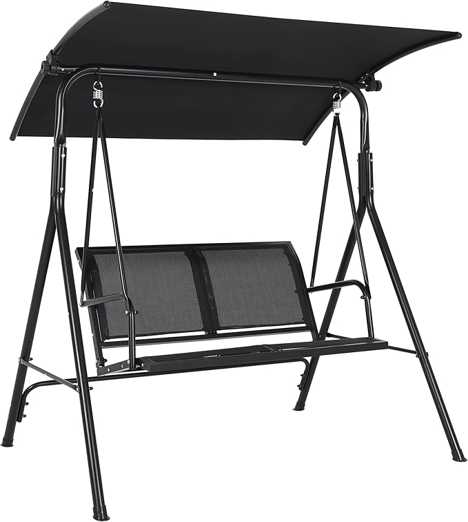Porch Swing with Adjustable Canopy for Adults 2-Seat Outdoor Waterproof Textilene & Steel Frame Patio Swing Bench for Backyard Lawn Garden Black