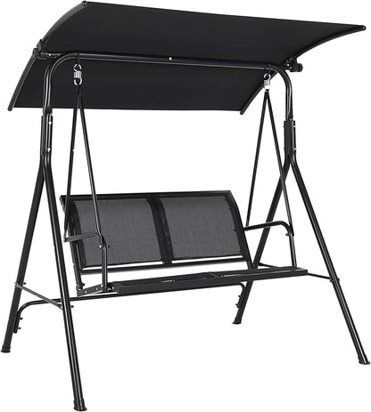 Porch Swing with Adjustable Canopy for Adults 2-Seat Outdoor Waterproof Textilene & Steel Frame Patio Swing Bench for Backyard Lawn Garden Black