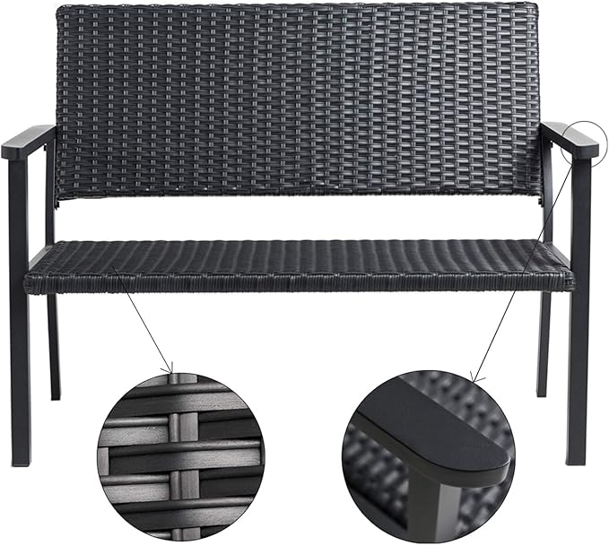 C-Hopetree Outdoor Loveseat Bench Chair for Outside Patio Porch, Metal Frame, Black All Weather Wicker
