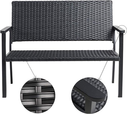 C-Hopetree Outdoor Loveseat Bench Chair for Outside Patio Porch, Metal Frame, Black All Weather Wicker