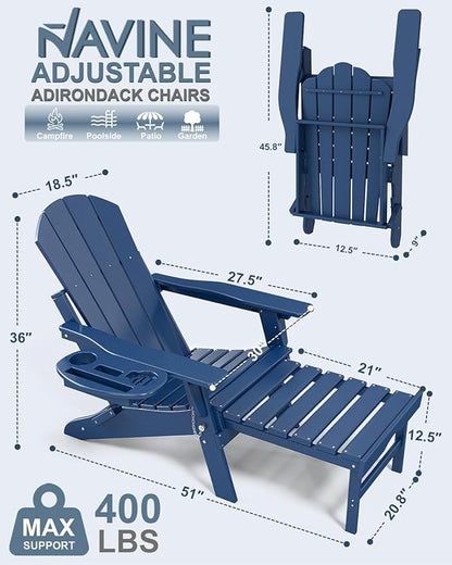 Adjustable Adirondack Chair with Retractable Ottoman Set of 4, HDPE Folding Adirondack Chair with Cup Holder, All Weather Fire Pit Chair for Outdoor.