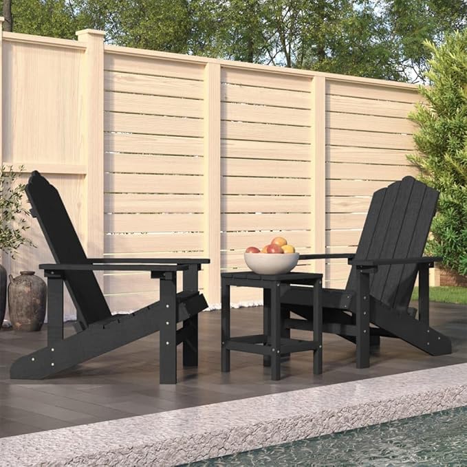 Garden Adirondack Chairs and Table Set 4 Pieces Anthracite High Density Polyethylene HDPE Steel Frame Outdoor Furniture - Photo 1