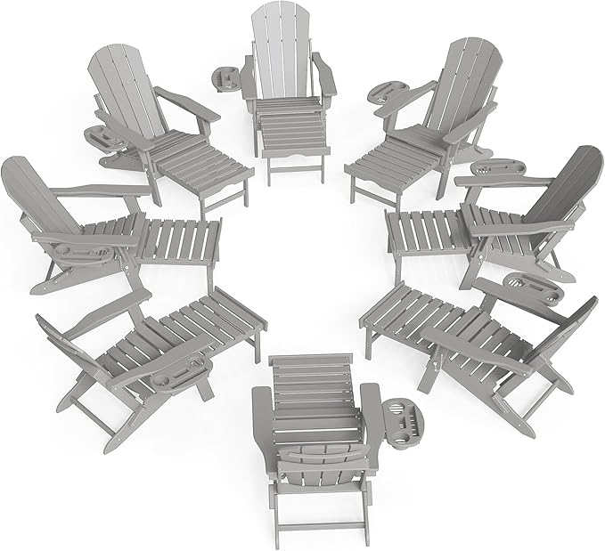 FOOWIN Folding Adjustable Adirondack Chair with Retractable Ottoman Set of 8, HDPE Adirondack Chair w/4 in 1 Cup Holder Trays,All-Weather Resistant Fire Pit Chair for Outdoor Patio Lawn, White Grey