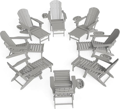 FOOWIN Folding Adjustable Adirondack Chair with Retractable Ottoman Set of 8, HDPE Adirondack Chair w/4 in 1 Cup Holder Trays,All-Weather Resistant Fire Pit Chair for Outdoor Patio Lawn, White Grey