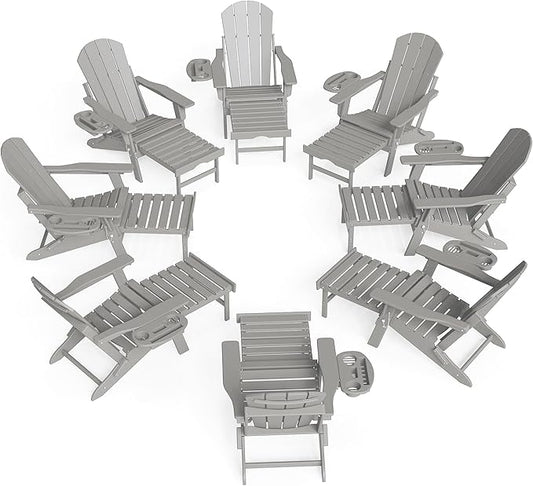 FOOWIN Folding Adjustable Adirondack Chair with Retractable Ottoman Set of 8, HDPE Adirondack Chair w/4 in 1 Cup Holder Trays,All-Weather Resistant Fire Pit Chair for Outdoor Patio Lawn, White Grey