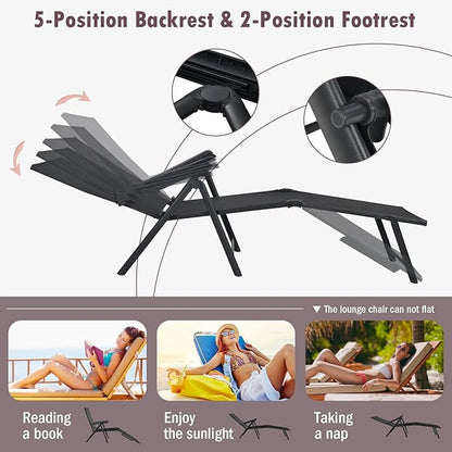 Tangkula Folding Lounge Chair Outdoor, Recliner Chaise Lounge with 5-Position Adjustable Backrest & 2-Position Footrest, No Assembly Required, Suitable for Patio Poolside Beach Yard (2, Black)