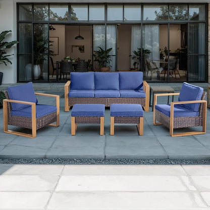 Rilyson Outdoor Wicker Patio Furniture Set - 6 Piece Patio Conversation Set with 2 Wicker Armrest Chairs,2 Rattan Ottoman,1 Side Table and 1 Couch,Sturdy Frame,Thick Cushions,Deep Seating(Brown/Blue)