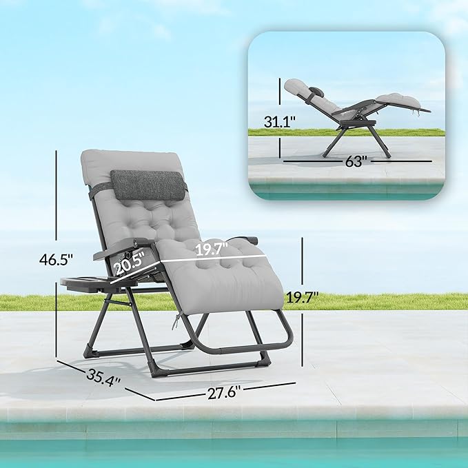 Outsunny Zero Gravity Chair, Folding Reclining Lounge Chair with Padded Cushion, Side Tray for Indoor and Outdoor, Supports up to 264 lbs, Gray