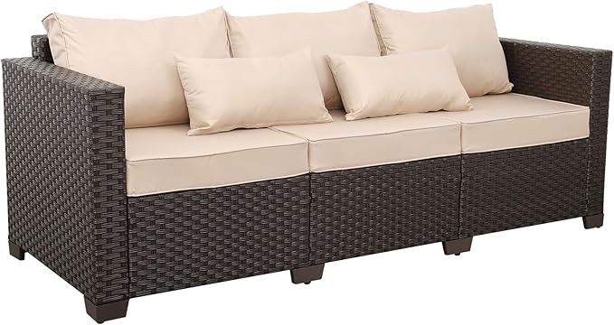 Outdoor Furniture Couch 3 Seater Sofa Outdoor Brown Wicker Sofa Deep Seat High Backrest Patio Couch with Non-Slip - Photo 8