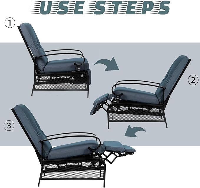 Incbruce Outdoor Lounge Chair Set of 2 Patio Furniture Adjustable Recliner with Retractable Steel Frame and Removable Thick Cushions - Peacock Blue