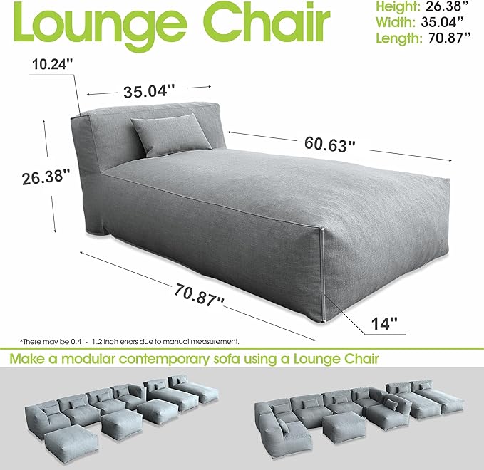 Dineli Chaise Lounge Chair Outdoor Bed Lounger Outdoor Couch Sofa for Pool Comfy Patio Furniture Foam Filling Bean Bed Chair Lazy Sofa for Outside, Water-Resistant Sunbed (Dark Grey, 70'' Length)